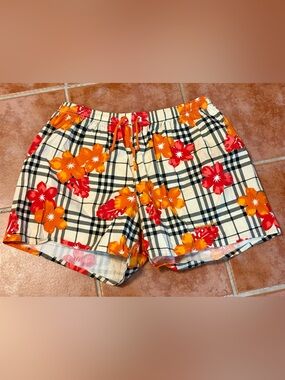 Burberry Beige Plaid Swim Trunks with Orange and Red Floral Print
